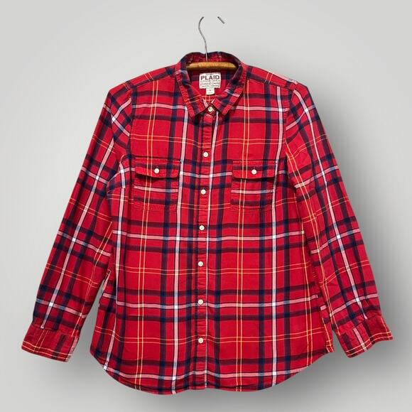Old Navy Plaid Flannel Button Down Women's Size Medium Red Blue 100% Cotton - Picture 1 of 7